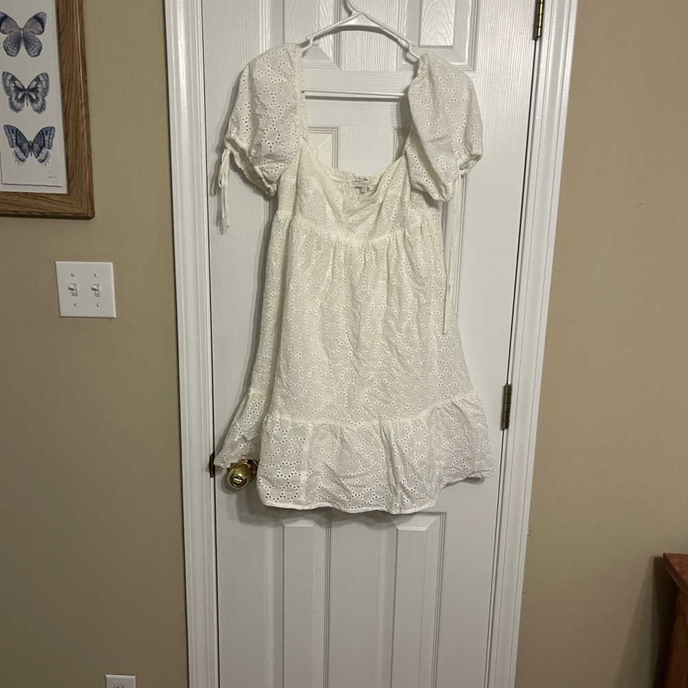 White Eyelet Puff Sleeve Mini Dress